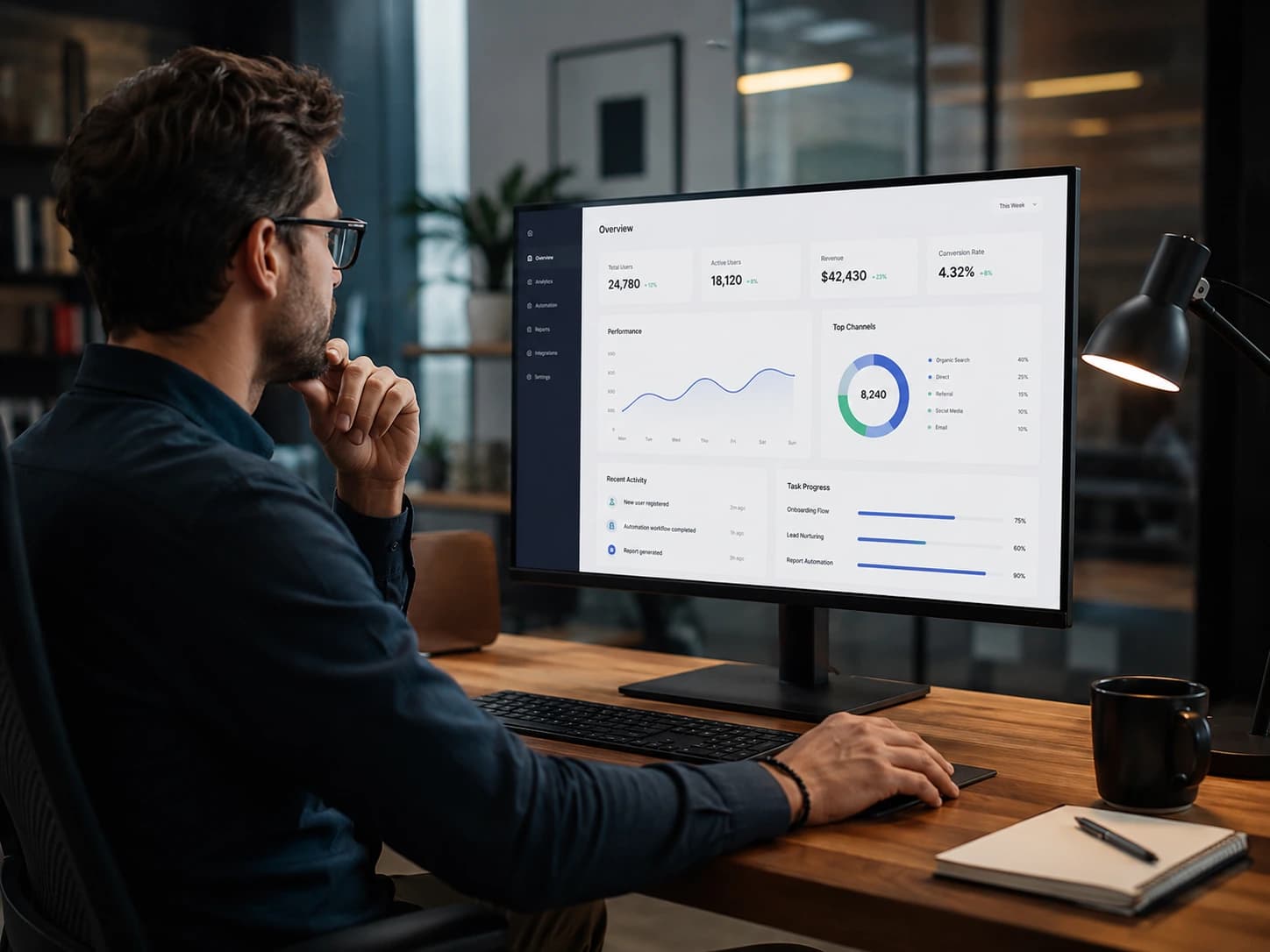 Profissional analisando um dashboard em uma estação de trabalho