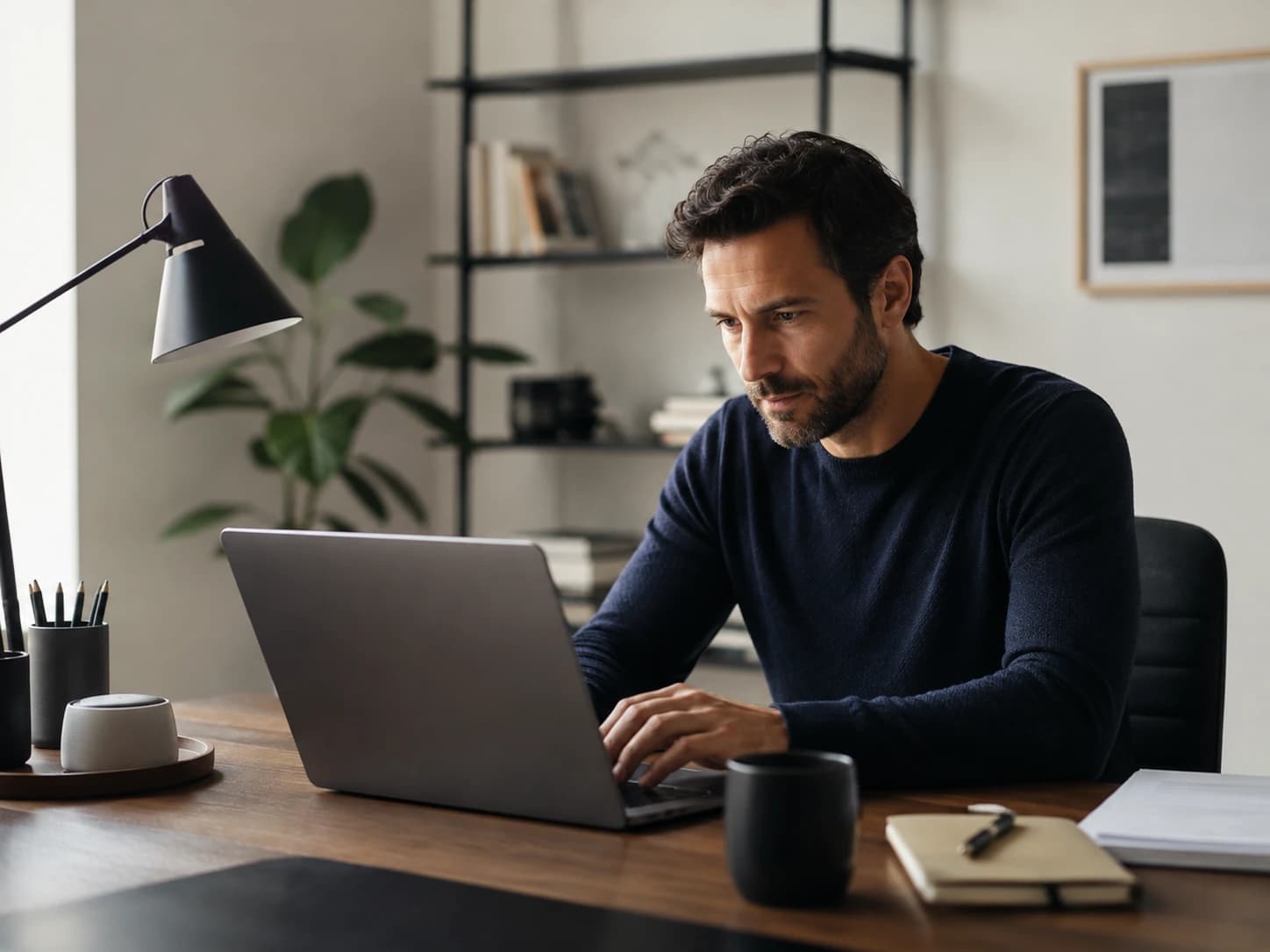 Profissional trabalhando em um notebook em escritório