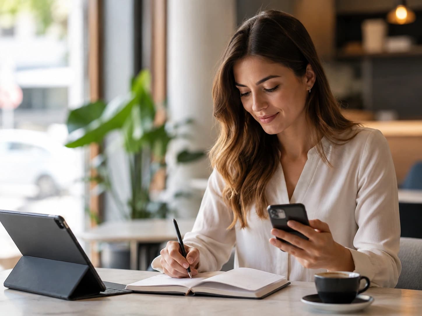 Profissional conciliando smartphone, planejamento e trabalho digital