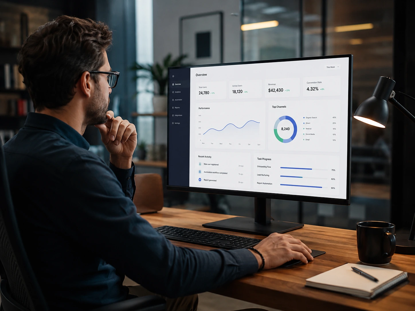 Profissional analisando informações em um dashboard