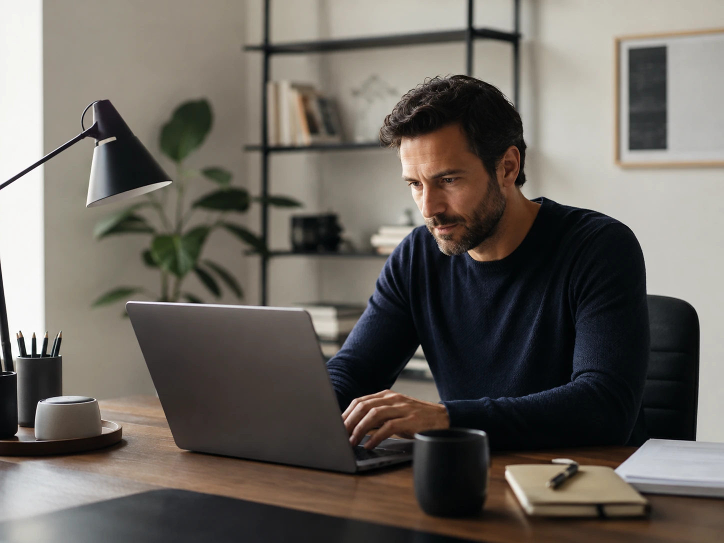 Profissional trabalhando em notebook em um ambiente contemporâneo